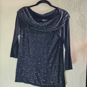 White House Black Market black sequin cowl neck top 3/4 sleeve size XS